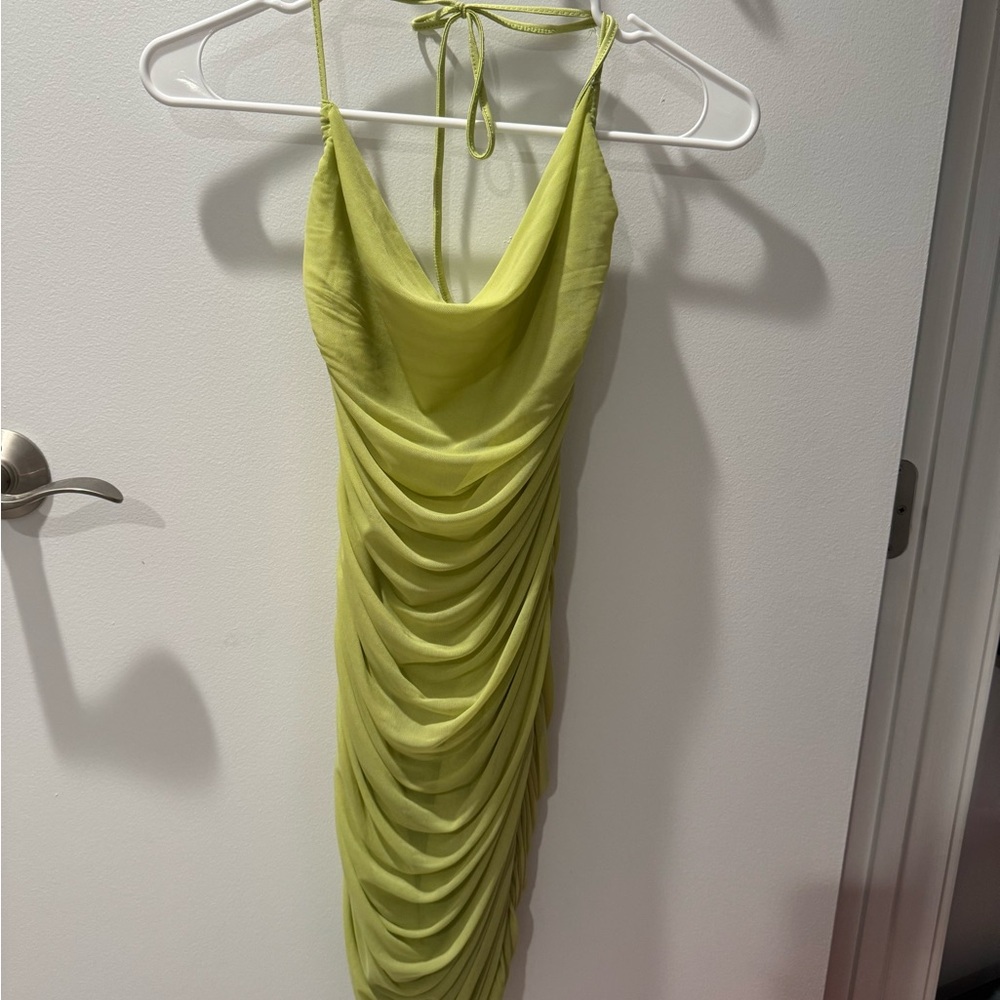 Green Ruched Bodycon Mini Dress Halter Neck